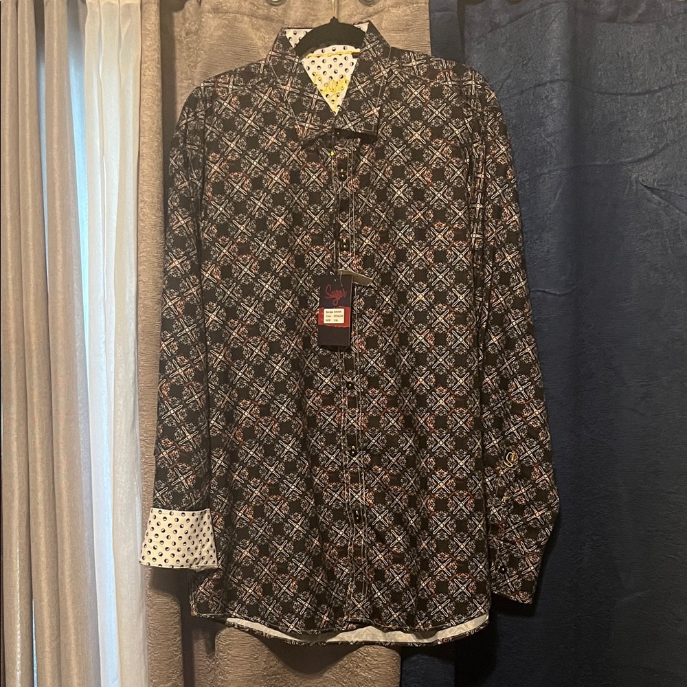 Sugar Men's Casual Button Down Shirt - Black, White, and Burgundy Geometric